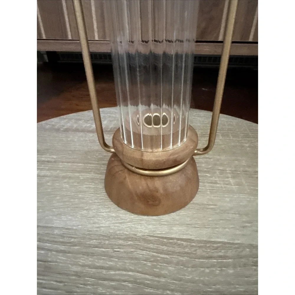 Gold Lantern Taper Candle Holder Wood Base